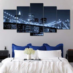 New York City Night View Multi Panel Canvas Wall Art - NicheCanvas