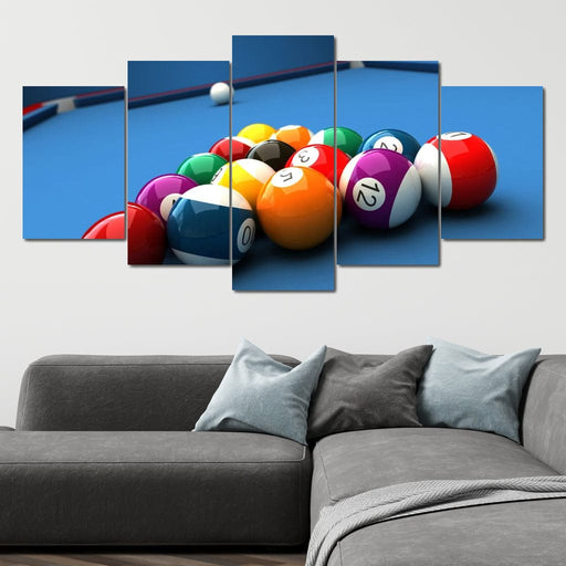 Billiard Table Set - Canvas Print - 5 panel wall art of a photorealistic billiard game - this art painting makes the perfect gift for anyone who enjoys the game | NicheCanvas